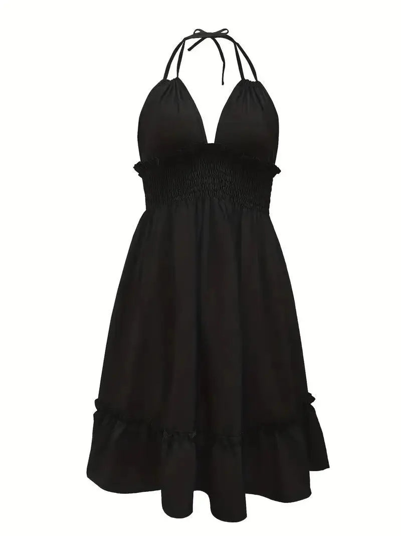 Summer New Vestidos Women Trendy Dress V Neck Sleeveless Halter Backless Sundress Ruffles Holiday Beach Dresses