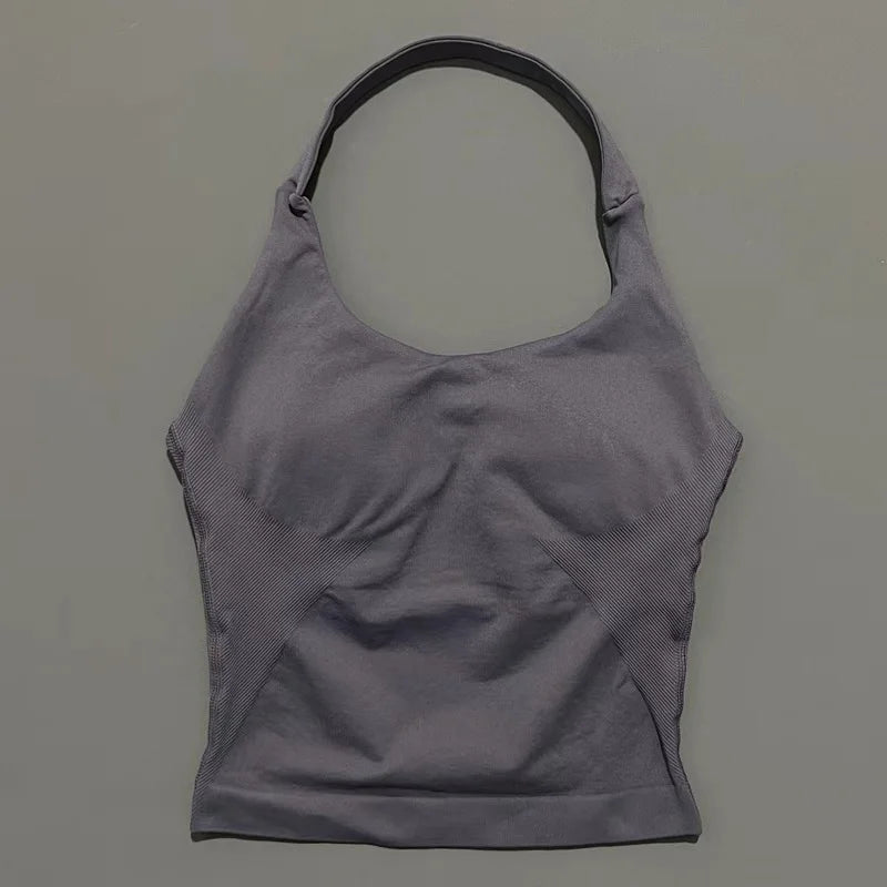 HISTELLO Impact Halter Top Women Backless Push Up Seamless High Support Bust Lift Slim Fit Gym Pilates Fitness Sports Vest