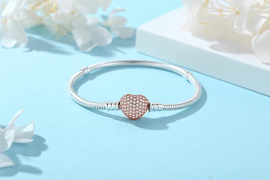 Original 925 Sterling Silver Bracelets Bangles Love Heart Clip Charms Beads Snake Chains For Women Rose Gold DIY Luxury Jewelry