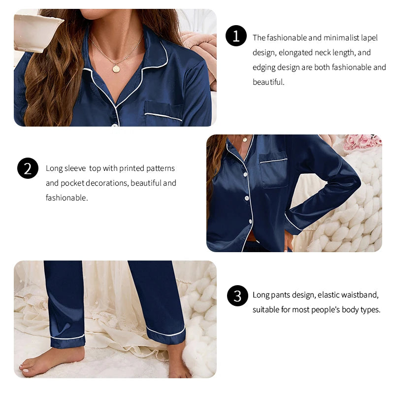 2026 New Women's Pajamas Autumn Luxurious Satin Long Sleeve Pajama Set Elegant Lapel Collar Top Long Pants Sleepwear Loungewear