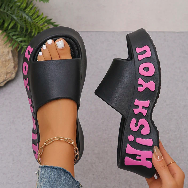 Fashion Letter Print Platform Slippers Women EVA Soft Thick Bottom Wedge Sandals for Woman Summer Non Slip Outdoor Beach Slides