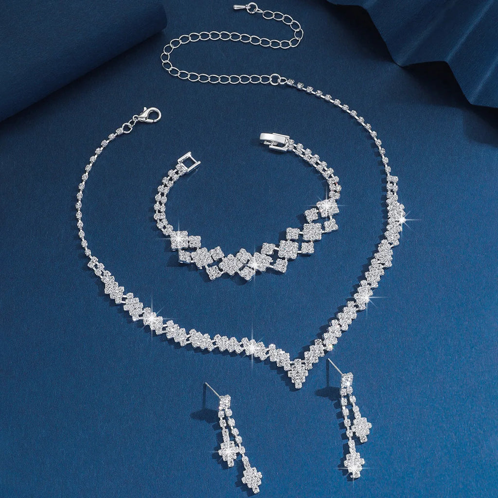 3pcs Bridal Jewelry Set Silver Plated Rhinestone Fold Clutch Bracelet Tassel Earrings Wedding Jewelry Gift Trendy Style-9253