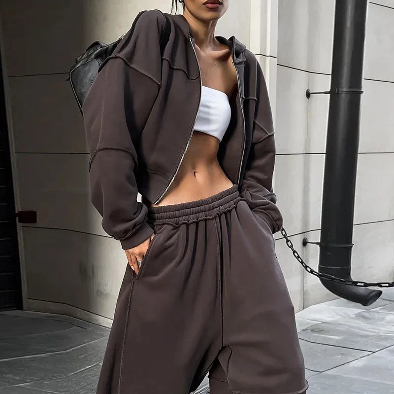 Autumn Winter Casual Hoodie Two Piece Set Women Trendy Sports Style Hooded Cardigan Wide Legs Trousers 2 Piece Sets Female New