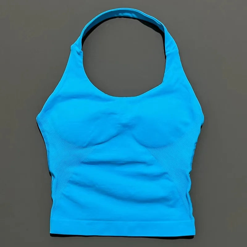 HISTELLO Impact Halter Top Women Backless Push Up Seamless High Support Bust Lift Slim Fit Gym Pilates Fitness Sports Vest