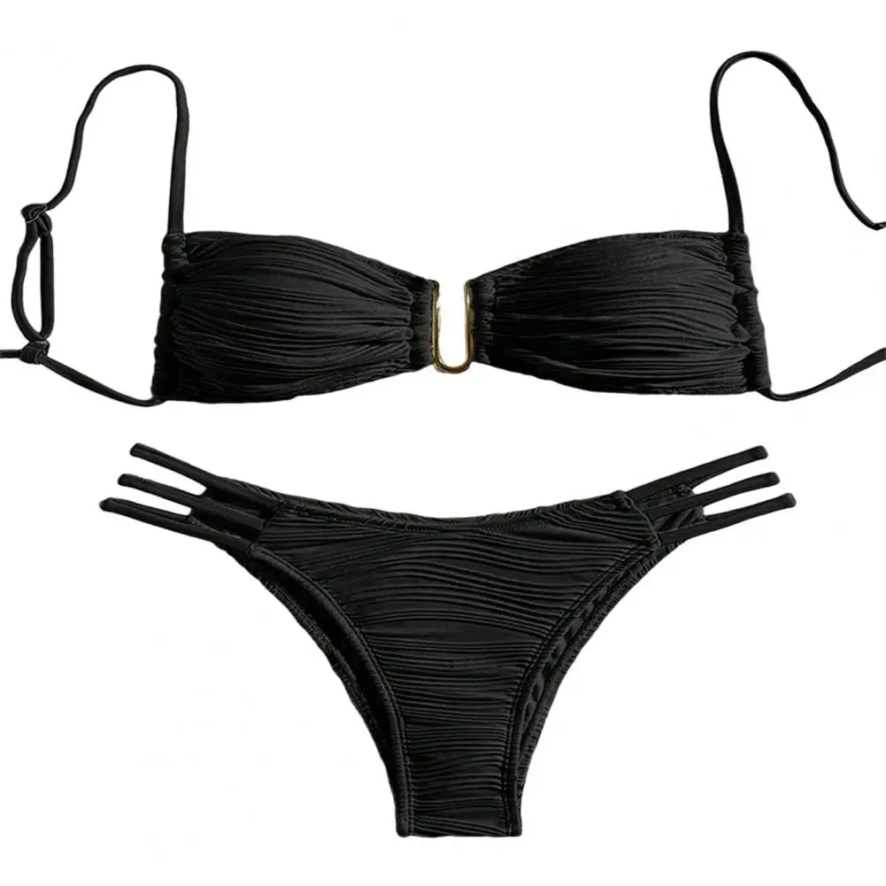 2Pcs/Set Women Split Swimsuit Bikini Set Sling Bandeau Padded Bra Wrinkle Texture Briefs Set Fashion Sexy Beachwear