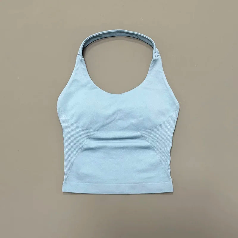 HISTELLO Impact Halter Top Women Backless Push Up Seamless High Support Bust Lift Slim Fit Gym Pilates Fitness Sports Vest