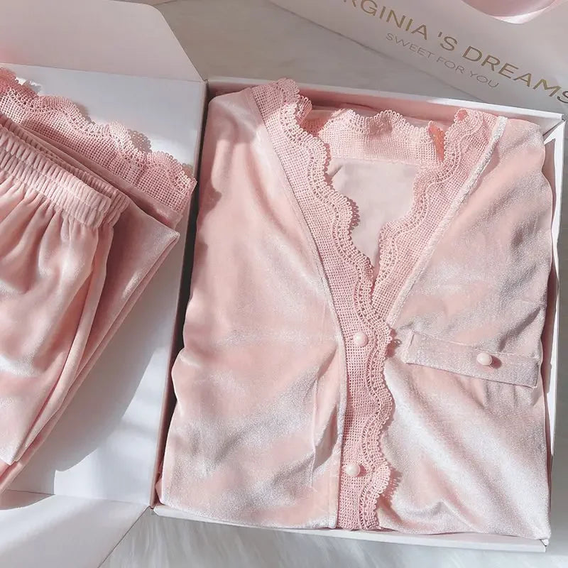 Velvet Pajama Sets Women Sweet Lace Aesthetic Chic Sleepwear Retro French Style Elegant Feminine Autumn Winter Cozy Home Pajamas