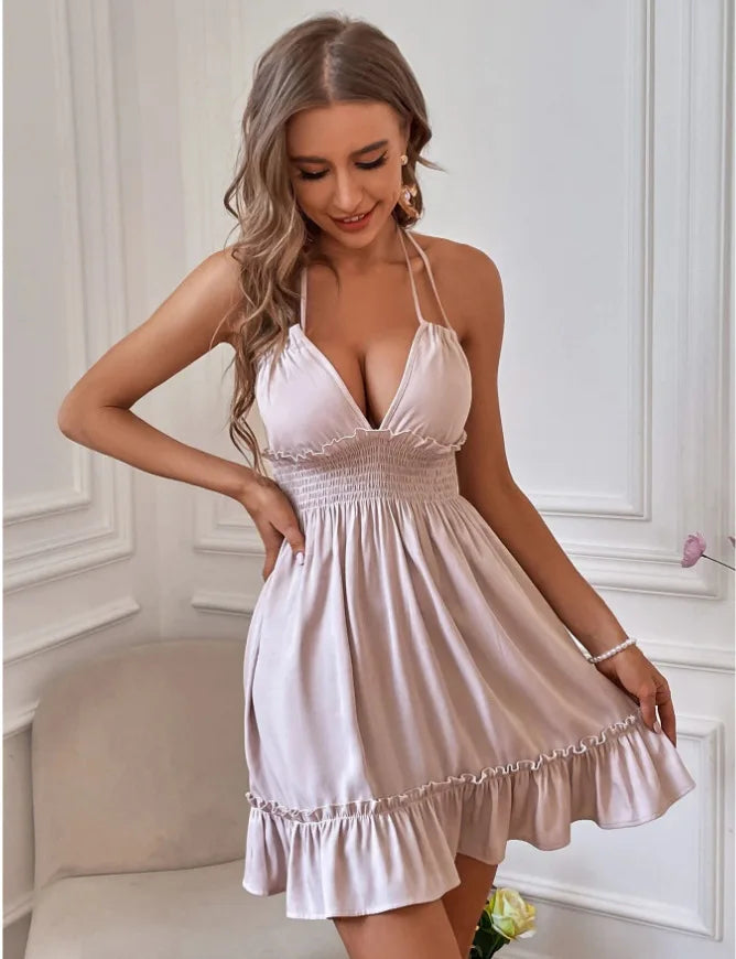 Summer New Vestidos Women Trendy Dress V Neck Sleeveless Halter Backless Sundress Ruffles Holiday Beach Dresses