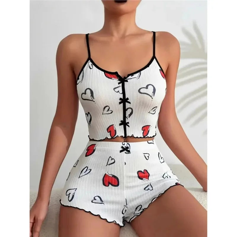 New Hot Sale Of The Season Heart Print Color Block Sleepwear Set with Front Slit Strap Design Comfortable Spandex Nightgown Wome