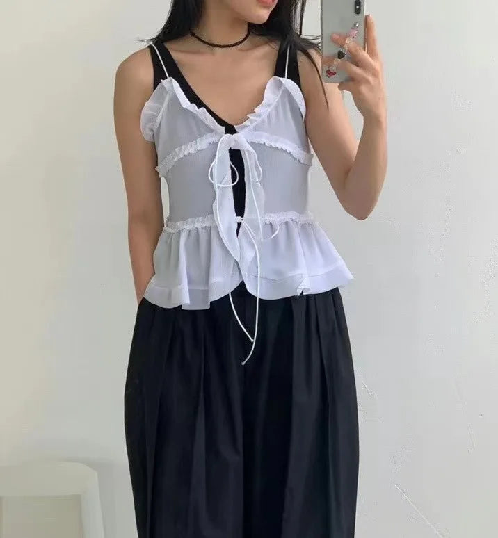 Cryptographic Summer Sleeveless Chiffon Tie Detail Cami Tops Slim Y2K Rave Festival Frill Hem Backless Sheer Sexy Cropped Tops