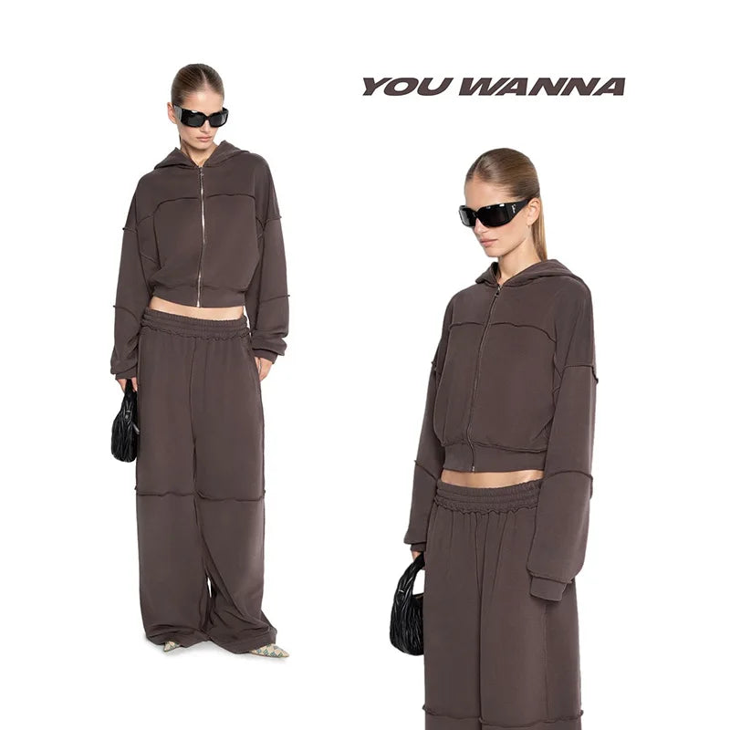 Autumn Winter Casual Hoodie Two Piece Set Women Trendy Sports Style Hooded Cardigan Wide Legs Trousers 2 Piece Sets Female New