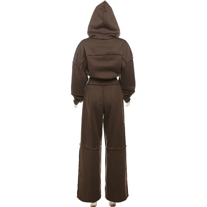 Autumn Winter Casual Hoodie Two Piece Set Women Trendy Sports Style Hooded Cardigan Wide Legs Trousers 2 Piece Sets Female New