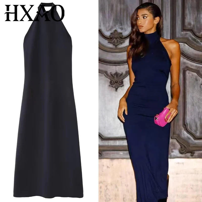 HXAO Women's Blue Halter Dress Summer Woman 2025 Elegant Party Prom Evening Dresses Ruffled Backless Long Dress Fashion Vestidos