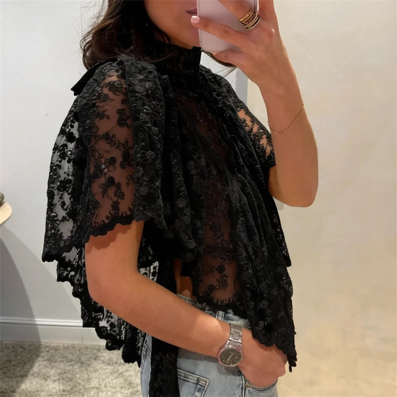 Women Y2K Fairy Mesh See Through Casual High Neck Looseshawls Floral Lace Embroidery Shawl Tops Asymmetrical Streetwear