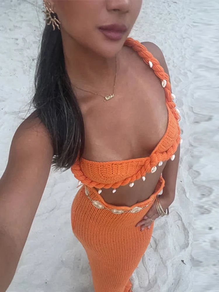 Shell Knitted Bikini Vest Halter Top Split Fishtail Skirt 2 PCS Set Crochet Beach Swimsuit Sexy Slimming Women Suspender Skirts