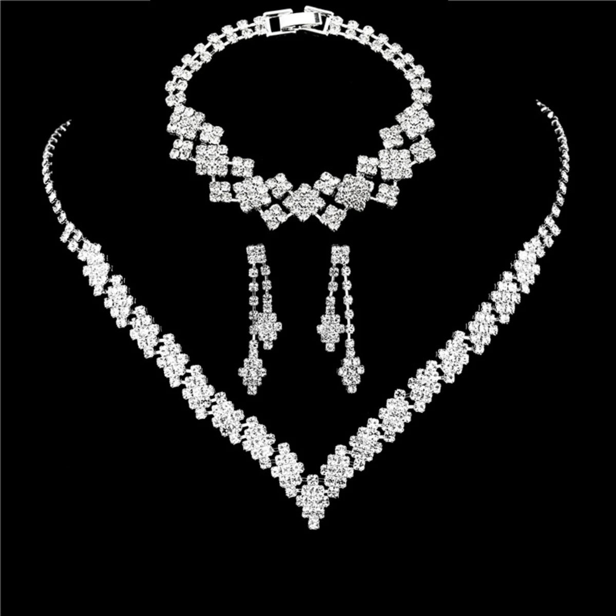 3pcs Bridal Jewelry Set Silver Plated Rhinestone Fold Clutch Bracelet Tassel Earrings Wedding Jewelry Gift Trendy Style-9253