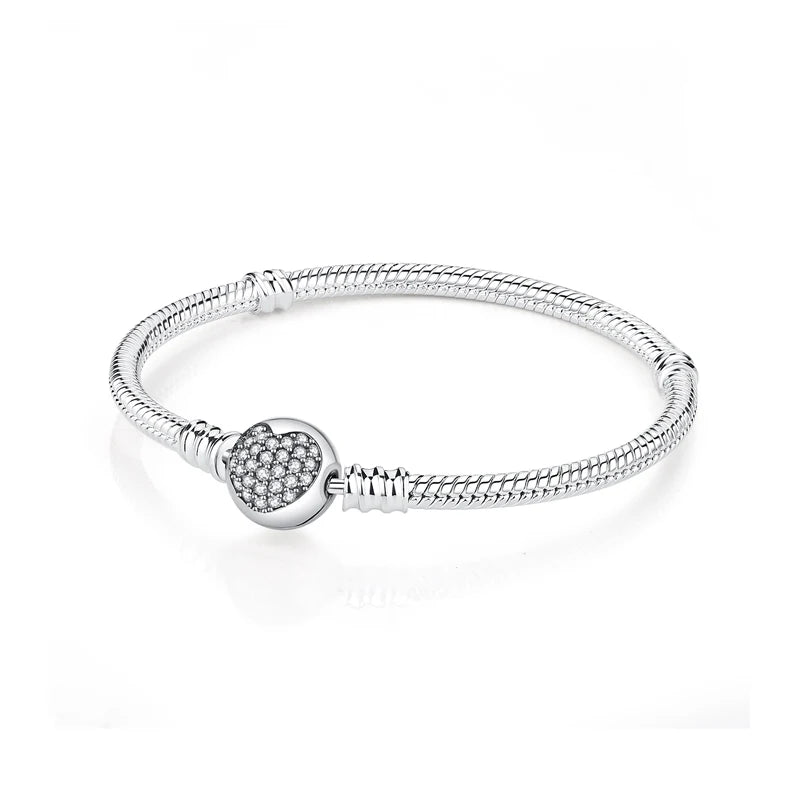 Original 925 Sterling Silver Bracelets Bangles Love Heart Clip Charms Beads Snake Chains For Women Rose Gold DIY Luxury Jewelry
