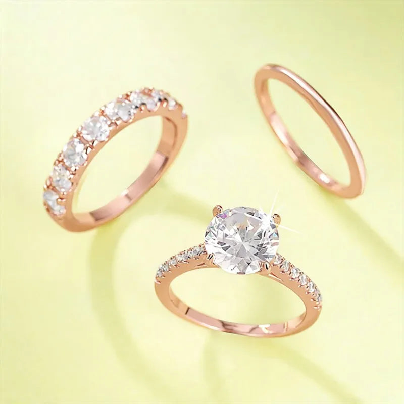 Huitan Gorgeous 3Pcs Set of Rings Female Luxury Shiny Round Zirconia Finger Jewelry Fashion Gold Color Accessories for Wedding