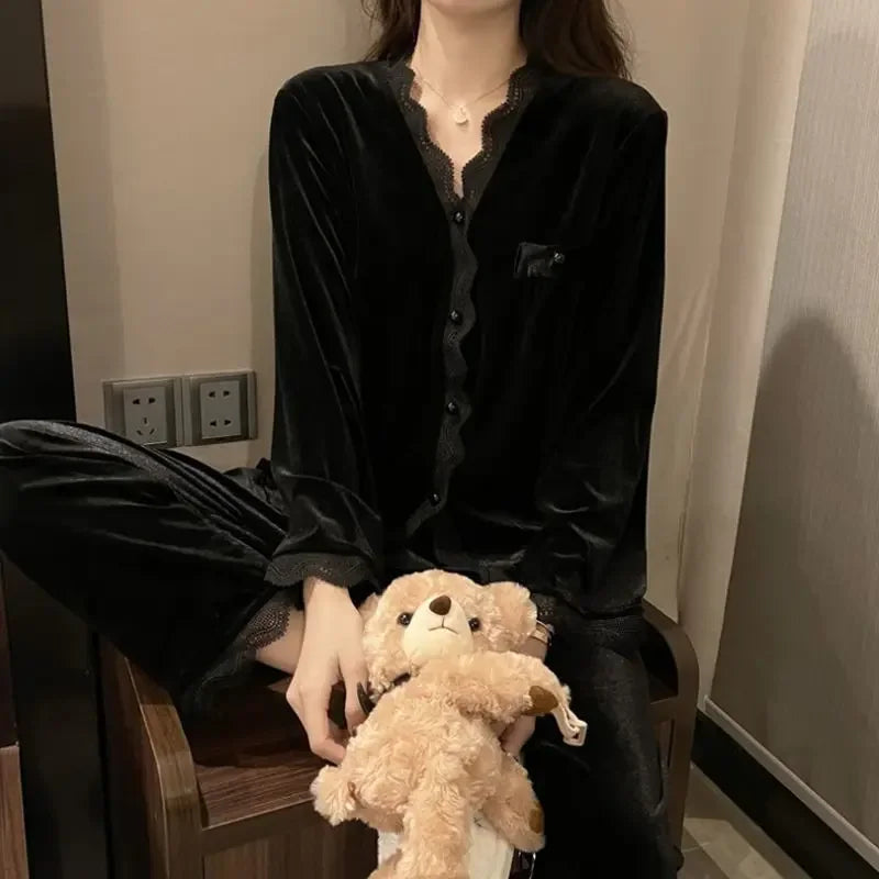 Velvet Pajama Sets Women Sweet Lace Aesthetic Chic Sleepwear Retro French Style Elegant Feminine Autumn Winter Cozy Home Pajamas