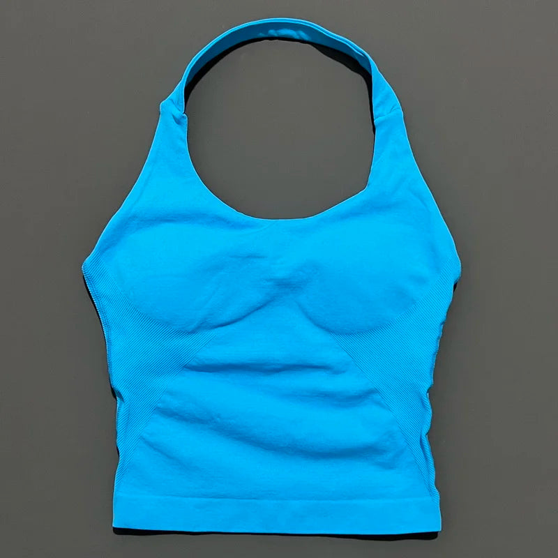 HISTELLO Impact Halter Top Women Backless Push Up Seamless High Support Bust Lift Slim Fit Gym Pilates Fitness Sports Vest