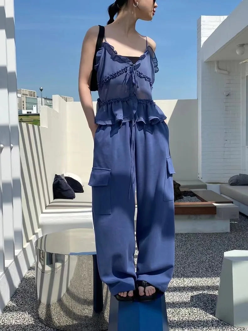 Cryptographic Summer Sleeveless Chiffon Tie Detail Cami Tops Slim Y2K Rave Festival Frill Hem Backless Sheer Sexy Cropped Tops