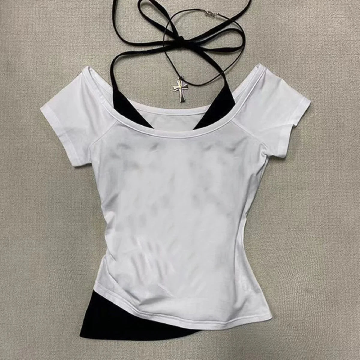90s retro clothing women's T-shirt punk sexy short sleeved summer streetwear spicy girl gothic slim fit fake two-piece crop top