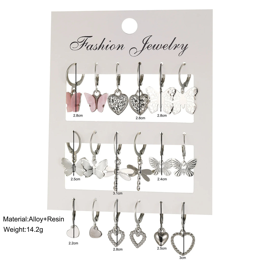 9 Pcs Cute Butterfly Heart Drop Earrings Set Fashion Gold Silver Color Girls Geometric Metal Acrylic Earrings 2024 Jewelry Gifts