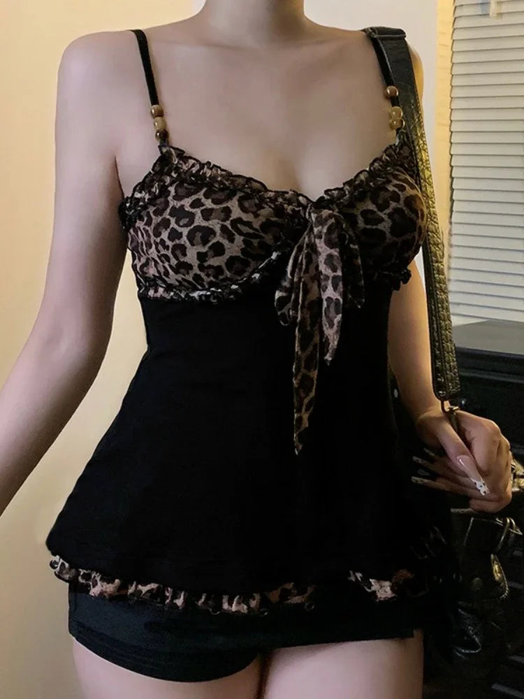 American Hotsweet Y2k Leopard Camisole Women Retro Streetwear E-girl 90s Dark Gothic Sexy Patchwork Lace-up Crop Tank Top Femme