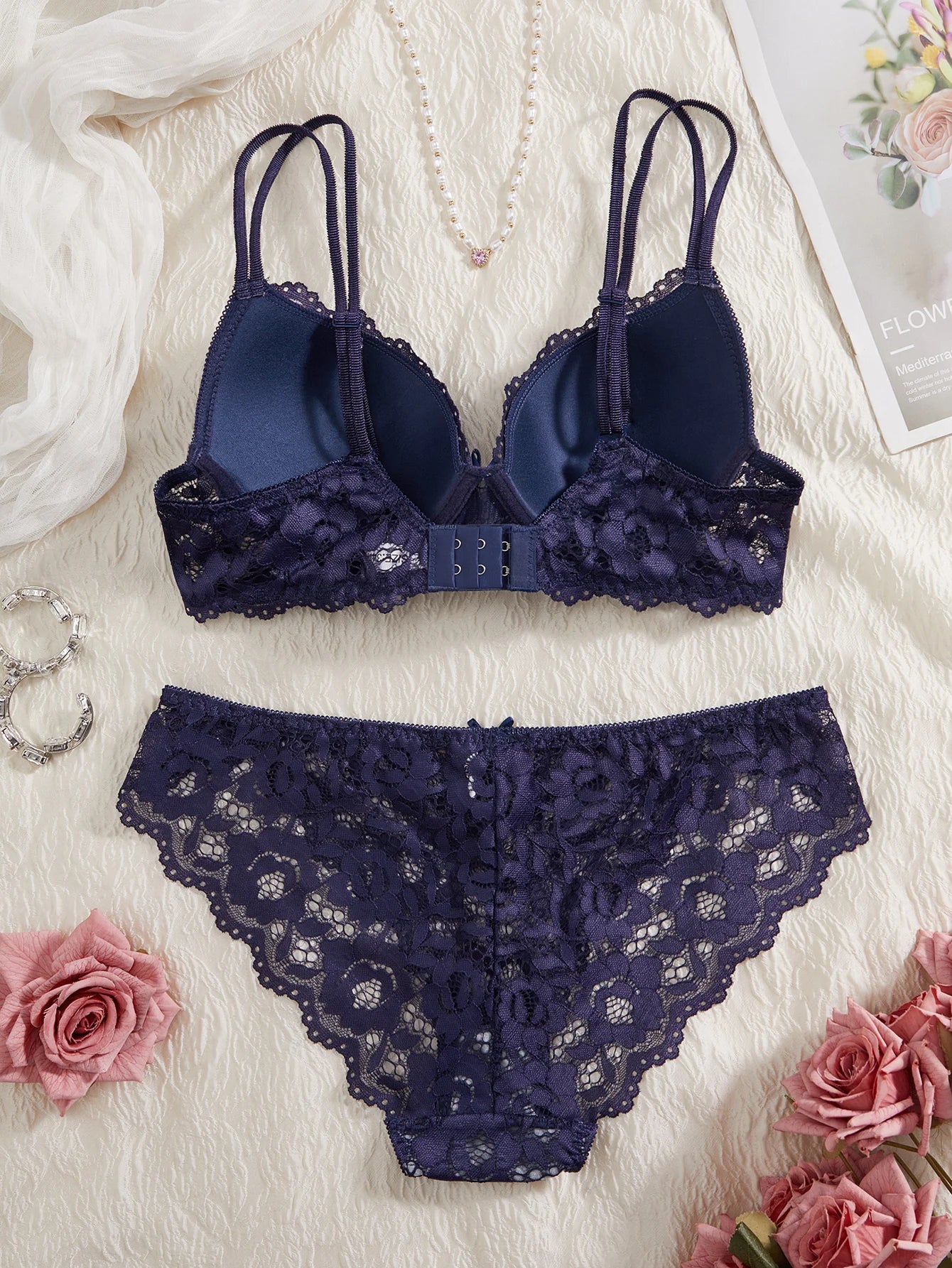 Women's Sexy Lingerie Set Lace Patchwork Solid Color Bowknot Rhinestone Embellished Push-Up Double Shoulder Strap Unlined Comfortable Underwear, Lace Semi-Transparent Breathable Panties