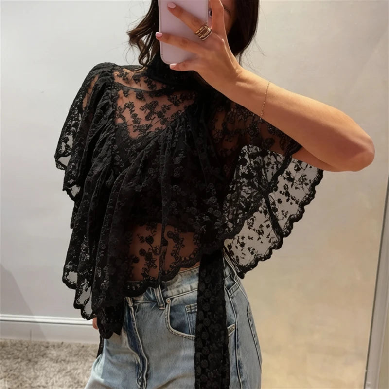 Women Y2K Fairy Mesh See Through Casual High Neck Looseshawls Floral Lace Embroidery Shawl Tops Asymmetrical Streetwear