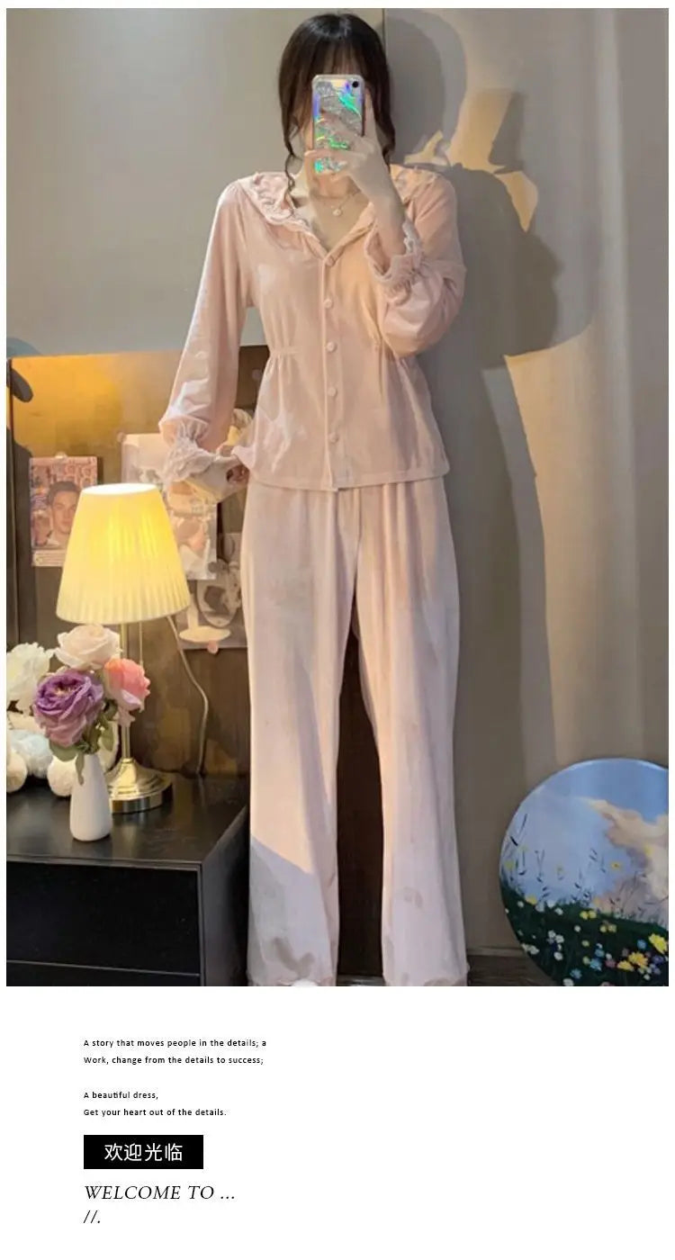 Velvet Pajama Sets Women Sweet Lace Aesthetic Chic Sleepwear Retro French Style Elegant Feminine Autumn Winter Cozy Home Pajamas