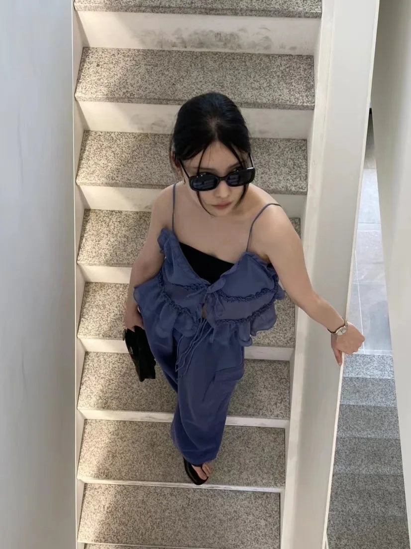Cryptographic Summer Sleeveless Chiffon Tie Detail Cami Tops Slim Y2K Rave Festival Frill Hem Backless Sheer Sexy Cropped Tops