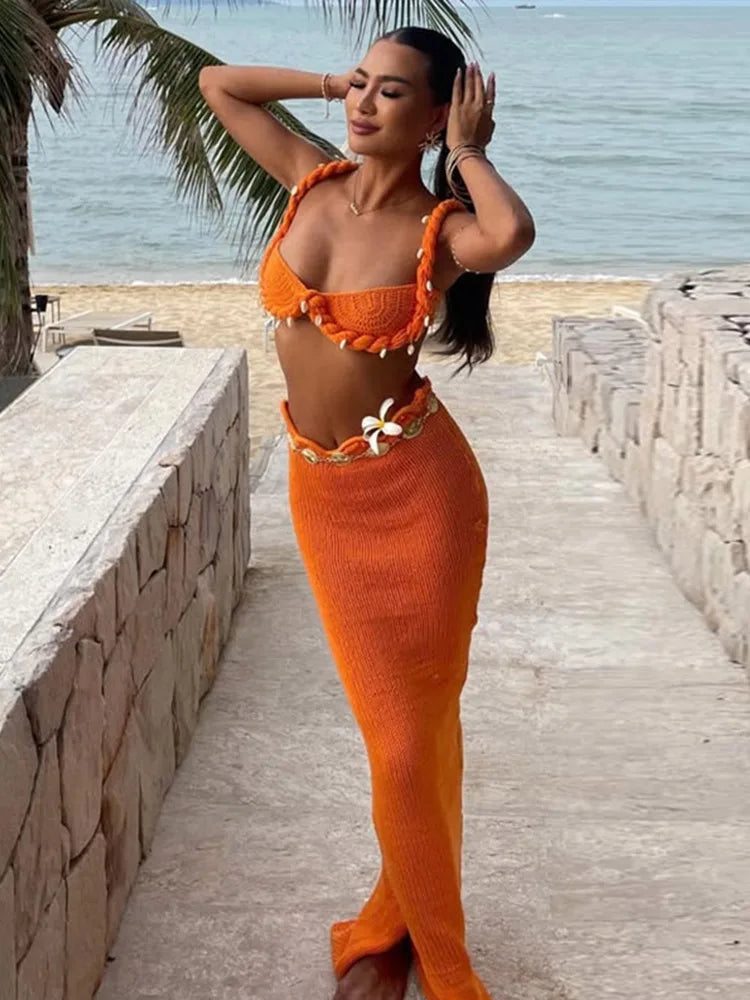 Shell Knitted Bikini Vest Halter Top Split Fishtail Skirt 2 PCS Set Crochet Beach Swimsuit Sexy Slimming Women Suspender Skirts