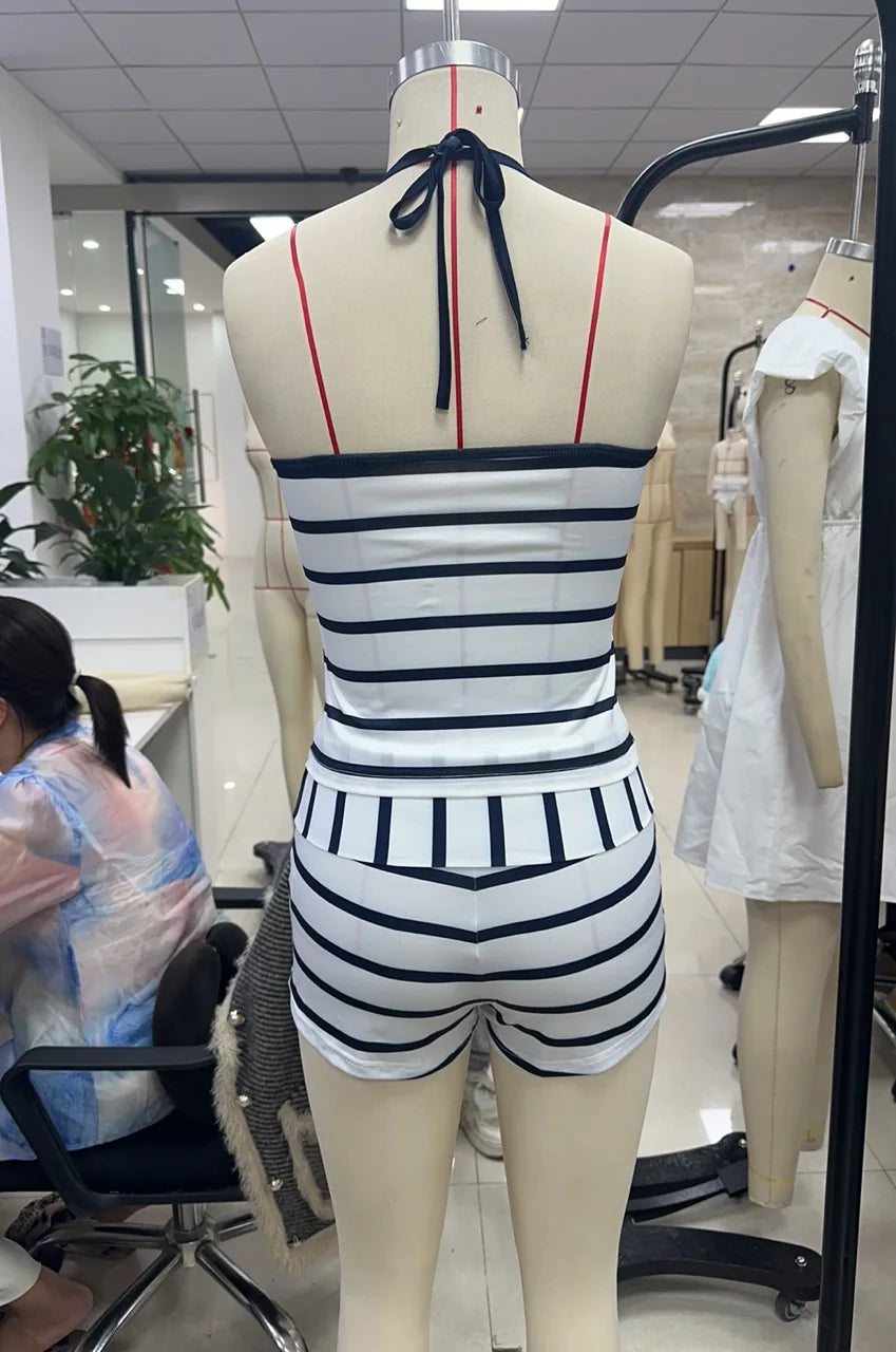 Women Y2K 2 Piece Pajamas Set Striped Print Crop Halter Neck Tops and Folded Waist Shorts for Loungewear Soft Sleepwear