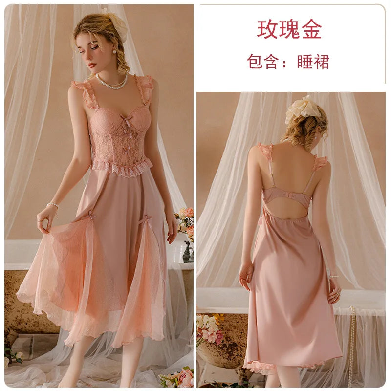 White Perspective Female Robe Set Lace Kimono Nightdress Sleepwear Summer Bathrobe Nightgown Suit Women Mesh Home Wear Clothing