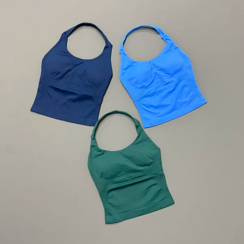 HISTELLO Impact Halter Top Women Backless Push Up Seamless High Support Bust Lift Slim Fit Gym Pilates Fitness Sports Vest