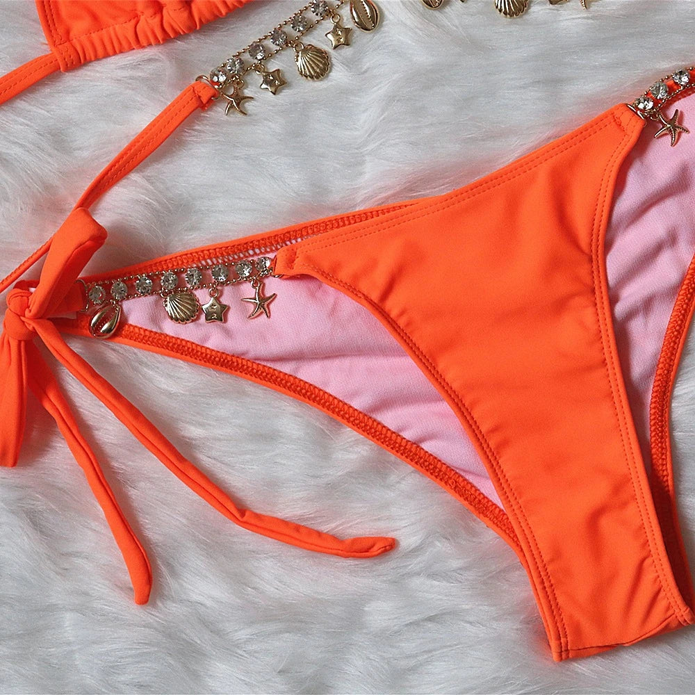 Sexy Luxury Bikini 2022 Women Crystal Rhinestones Push Up Micro Swimsuit Neon Orange Metal Chain Diamond High Cut Thong Swimwear