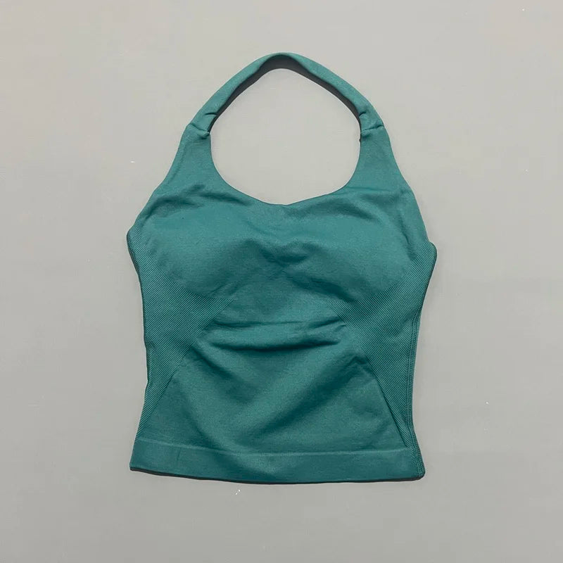 HISTELLO Impact Halter Top Women Backless Push Up Seamless High Support Bust Lift Slim Fit Gym Pilates Fitness Sports Vest