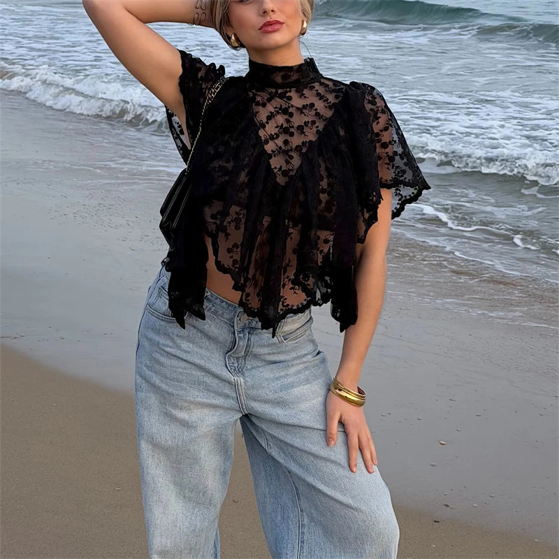 Women Y2K Fairy Mesh See Through Casual High Neck Looseshawls Floral Lace Embroidery Shawl Tops Asymmetrical Streetwear