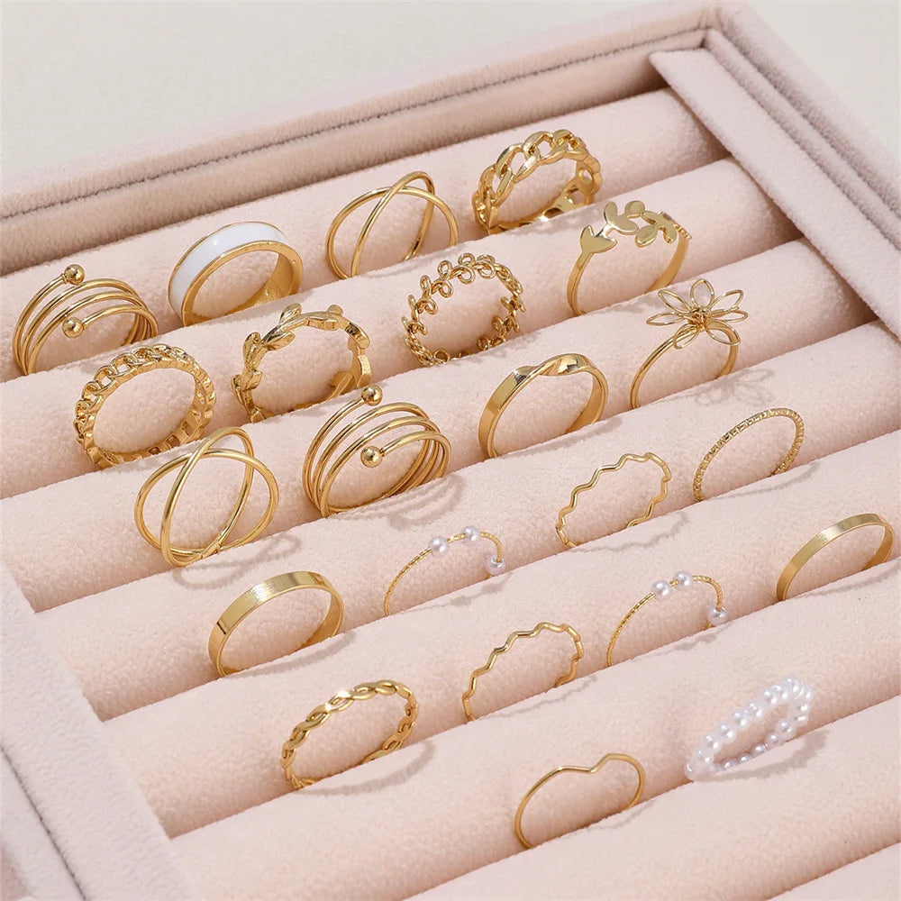 22 Pcs Vintage Gold Color Heart Butterfly Rings Set for Women Boho Metal Geometric Spiral Shape Imitation Pearl Ring Trendy Jewe