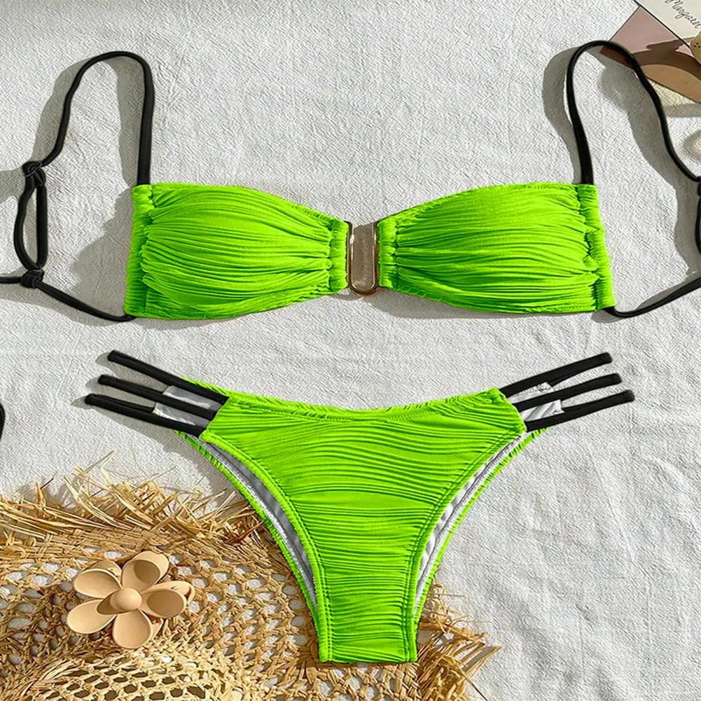 2Pcs/Set Women Split Swimsuit Bikini Set Sling Bandeau Padded Bra Wrinkle Texture Briefs Set Fashion Sexy Beachwear