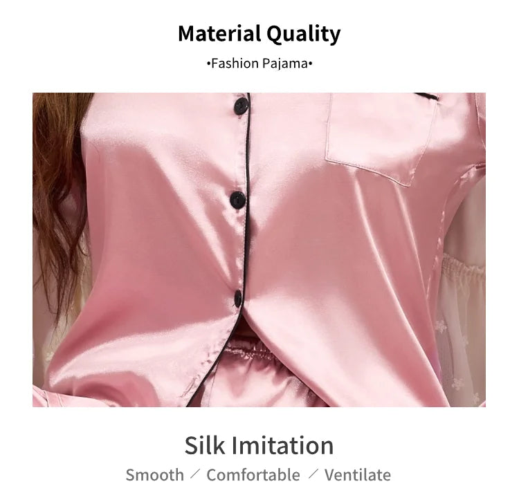 2026 New Women's Pajamas Autumn Luxurious Satin Long Sleeve Pajama Set Elegant Lapel Collar Top Long Pants Sleepwear Loungewear