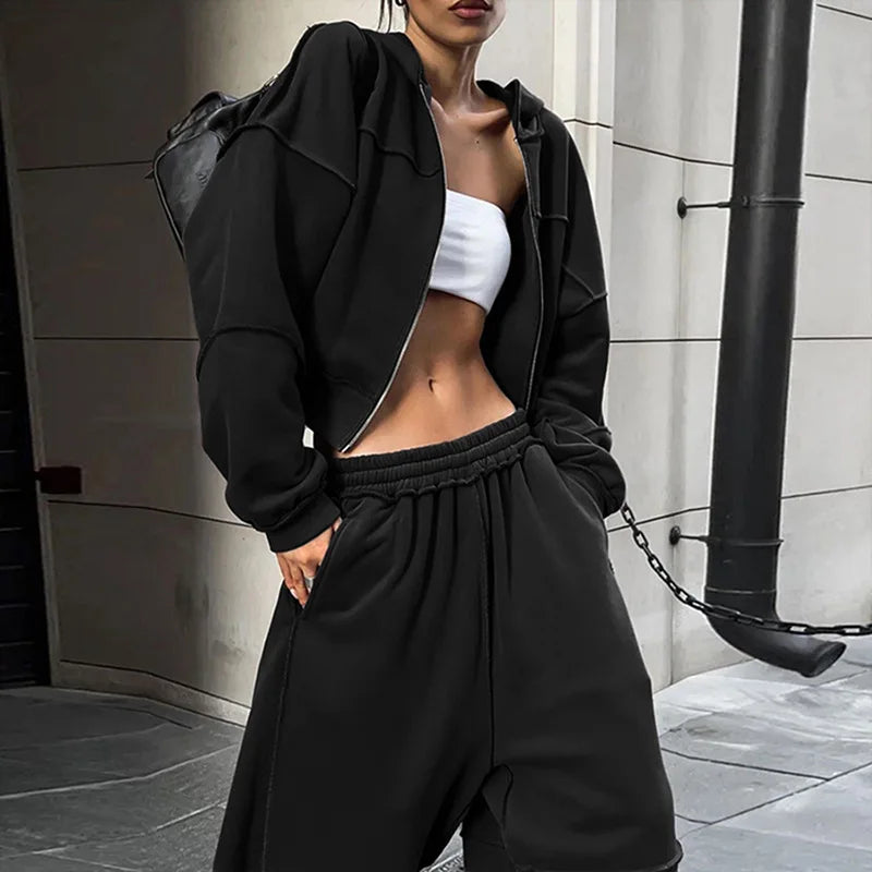 Autumn Winter Casual Hoodie Two Piece Set Women Trendy Sports Style Hooded Cardigan Wide Legs Trousers 2 Piece Sets Female New