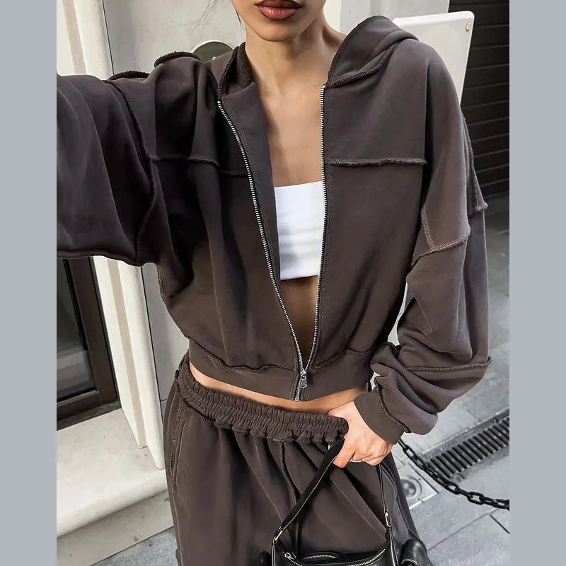 Autumn Winter Casual Hoodie Two Piece Set Women Trendy Sports Style Hooded Cardigan Wide Legs Trousers 2 Piece Sets Female New