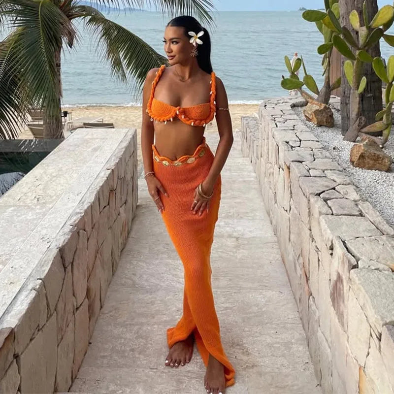 Shell Knitted Bikini Vest Halter Top Split Fishtail Skirt 2 PCS Set Crochet Beach Swimsuit Sexy Slimming Women Suspender Skirts