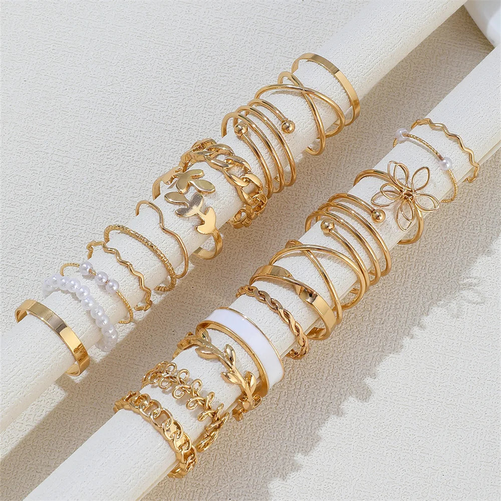 22 Pcs Vintage Gold Color Heart Butterfly Rings Set for Women Boho Metal Geometric Spiral Shape Imitation Pearl Ring Trendy Jewe