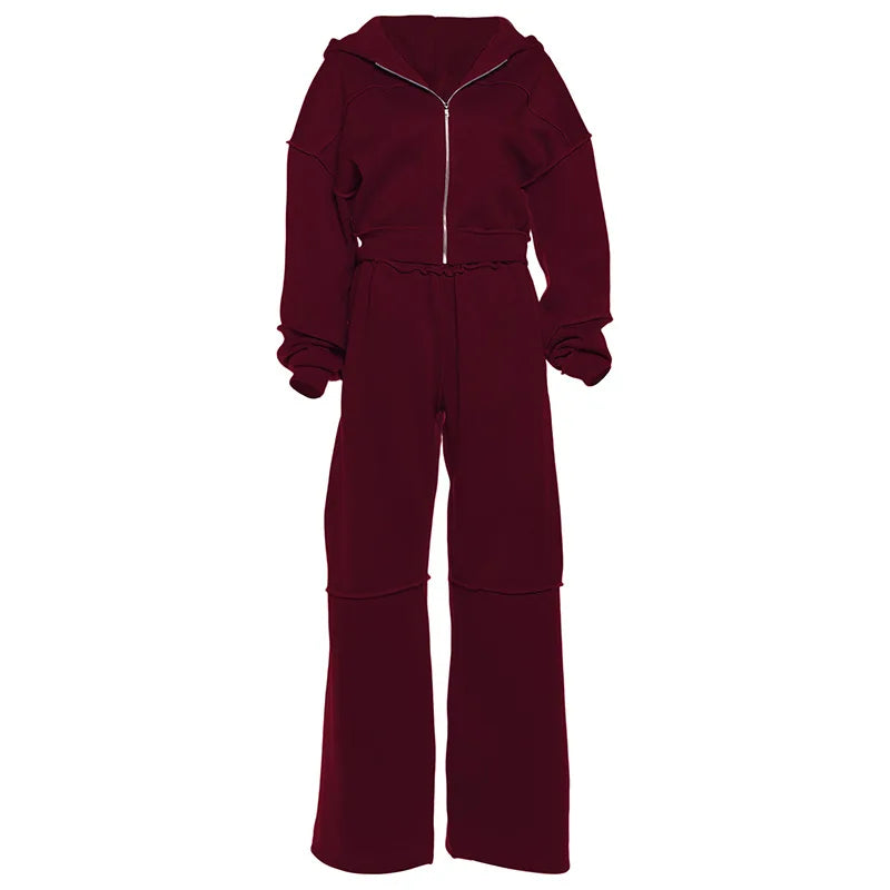 Autumn Winter Casual Hoodie Two Piece Set Women Trendy Sports Style Hooded Cardigan Wide Legs Trousers 2 Piece Sets Female New