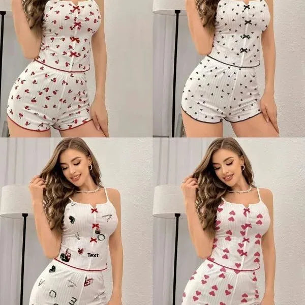 New Hot Sale Of The Season Heart Print Color Block Sleepwear Set with Front Slit Strap Design Comfortable Spandex Nightgown Wome