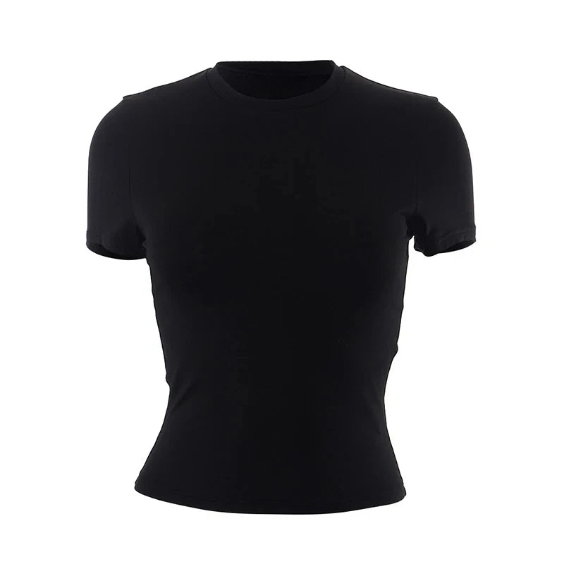 Spring Summer New Short Sleeve T-Shirt Women Solid Simple Casual Soft All-Match Hot Basic Crop Tops Tees Summer Fashion