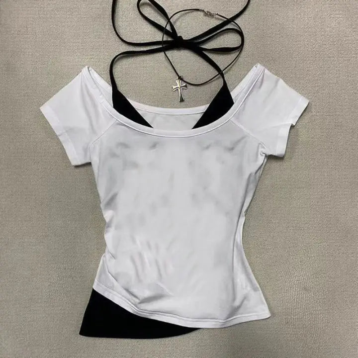 90s retro clothing women's T-shirt punk sexy short sleeved summer streetwear spicy girl gothic slim fit fake two-piece crop top